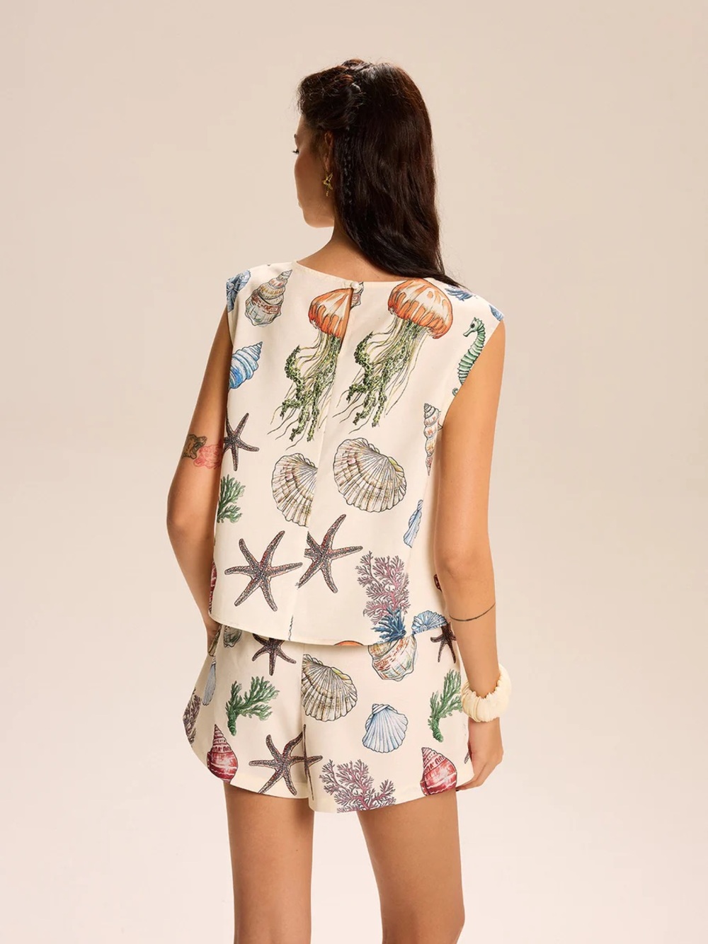 027. Commense S Seashell Print Sleeveless Top and Shorts Set - Picture 3 of 5